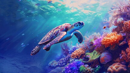 Fototapeta premium Underwater scene of a sea turtle gliding gracefully through the ocean near a vibrant coral reef