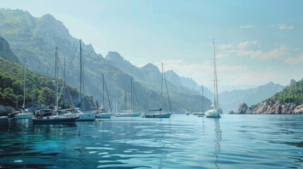 Panoramic view of a tranquil ocean bay with anchored sailboats and a mountainous backdrop under a clear sky