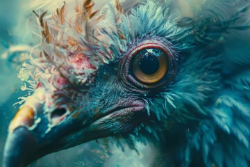 Obraz premium Fantastical bird creature with vibrant feathers and intense gaze