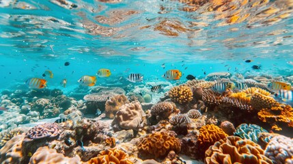 Fototapeta premium Vibrant coral reef scene with various species of tropical fish swimming among the corals in clear blue waters