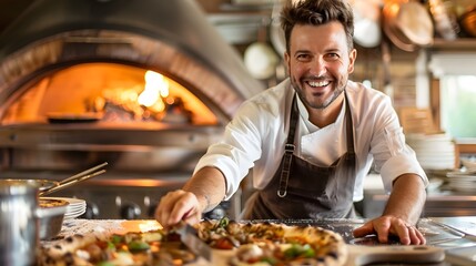Joyful Chef Radiating Enthusiasm Near Well-Used Oven in Cooking Setting