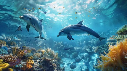 Fototapeta premium Dolphins playing in the ocean near a coral reef with clear, blue water and sunlight filtering through