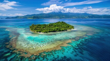 Obraz premium Aerial view of a tropical island surrounded by a vibrant coral reef and crystal-clear blue waters