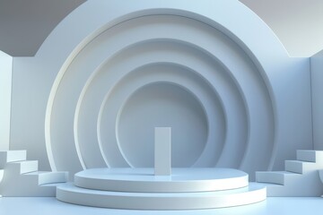 Naklejka premium Minimalist 3D render of a white cylindrical podium on a stage with a circular backdrop. Ideal for product placement or exhibitions. Concept of simplicity, elegance, and modern design.