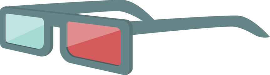 Side view of 3d glasses with one red lens and one cyan lens, creating the illusion of depth