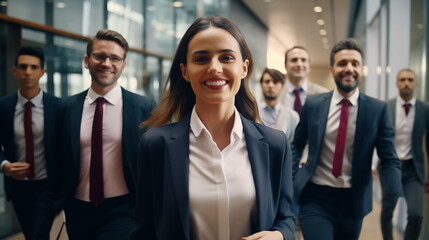Close-up headshot of business professionals walking indoors