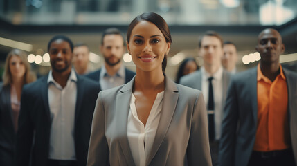 Obraz premium Focused headshot of a group walking indoors in a corporate setting