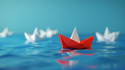 Obraz premium On a tranquil blue backdrop, a fleet of white paper ships moves harmoniously in one direction, contrasted by a solitary red paper ship diverging in another direction, 