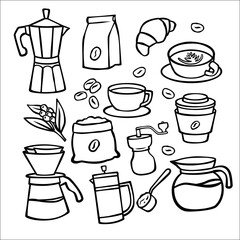 handdrawn doodle coffee element tools equipment and ingredient