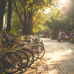 Fototapeta premium Row of Bicycles Parked on Sidewalk, Shining Under Morning Sunlight, Peaceful and Neat Arrangement, AI-Generated High-Resolution Wallpaper for Serene Lifestyle Backgrounds