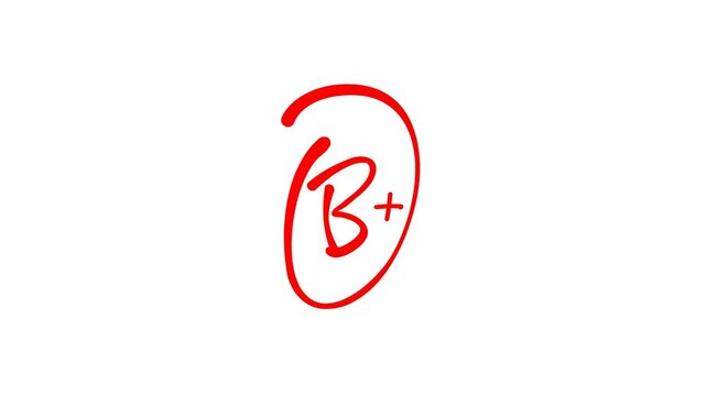 Animated B plus grade red icon. School test score line animation. Symbols drawing. Progress report, results. alpha channel video. Motion graphics. 4k
