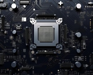 Fototapeta premium Enhance the realism of this image of a computer motherboard. Make the details of the circuitry and components more visible and realistic.
