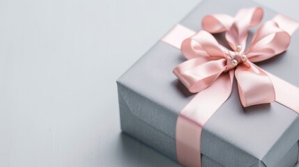 Elegant gift box wrapped in silver paper with pink ribbon, perfect for special occasions, holidays, or celebrations.