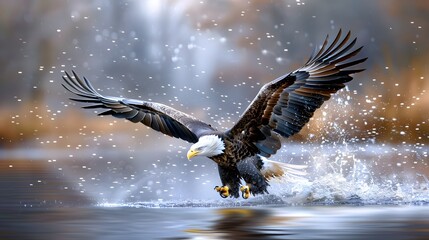 A bald eagle diving towards the water, talons outstretched, ready to catch its prey. List of Art Media Minimalist realistic