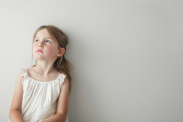 A Little Girl In A White Dress With A Pensive Look On Her Face