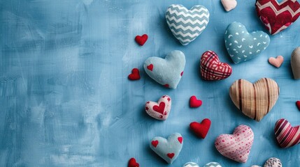 Valentine s Day flat lay with wooden and fabric hearts on a blue backdrop