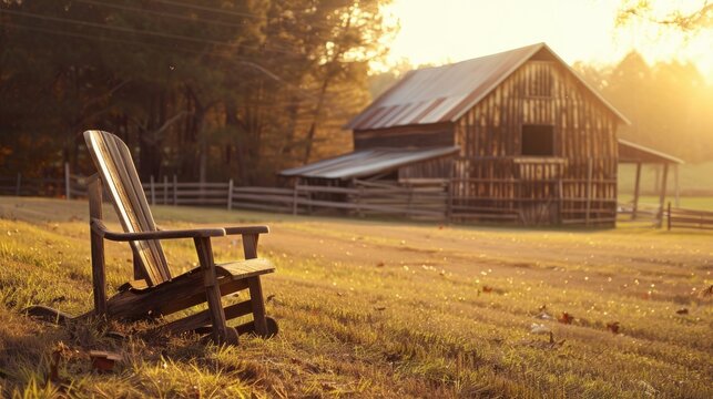 Retro chair in front of old barn under the sun panoramic view