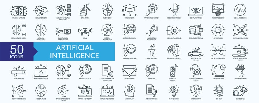 Artificial intelligence icon collection set with machine learning, neural network, speech recognition, image processing, spam filtering