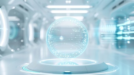 Futuristic sci-fi digital interface in a sleek, glowing laboratory setting, featuring a holographic globe with technological elements.