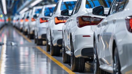 A line of completed cars ready to be shipped from the factory, showcasing the end of the production line
