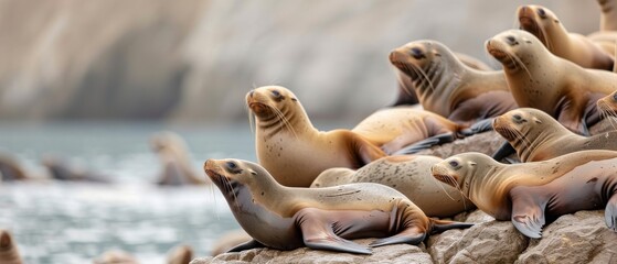 Group of sea lions basking on rocky coast, capturing nature and wildlife beauty, perfect for marine life enthusiasts and ocean-related projects