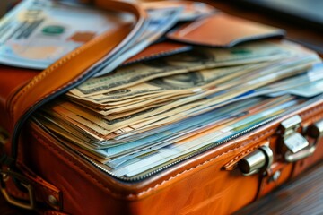 A briefcase filled with various mutual fund brochures, representing diverse opportunities close up on brochures, vibrant, composite, conference backdrop
