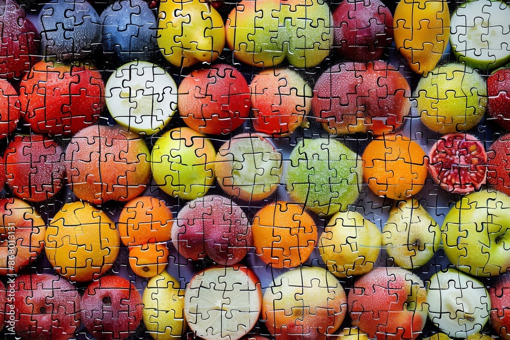 Poster A close-up image of a variety of colorful fruit arranged in a grid pattern, each piece resembling a puzzle piece. Generative AI