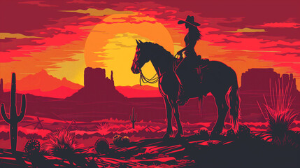 Naklejka premium Silhouette of a Cowgirl on Horseback at Sunset