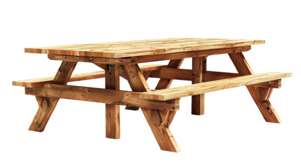 Wooden picnic table with benches on transparent background