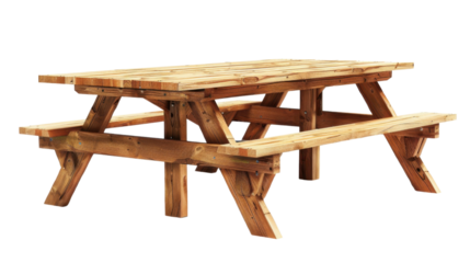 Wooden picnic table with benches on transparent background