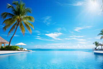 Luxury resort infinity pool with serene ocean view under tropical skies