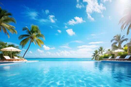 Tranquil beachfront hotel scene with palm tree beside endless pool