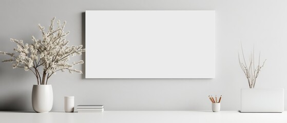 Minimalist workspace with blank canvas, white decor, and plants on a white desk. Perfect for presentations, mockups, and creative projects.