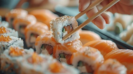A person is using chopsticks to pick up sushi from a plate