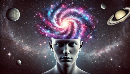 Cosmic Mind: Human Head with a Spiral Galaxy Inside Representing Infinite Knowledge and Connection with the Universe