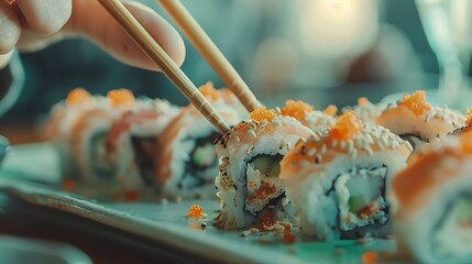 A person is using chopsticks to pick up sushi from a plate