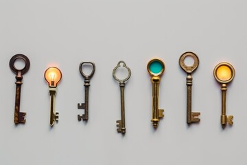Collection of seven vintage keys with unique designs on a white background