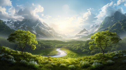Verdant Valley with River and Snowcapped Mountains Under Blue Sky