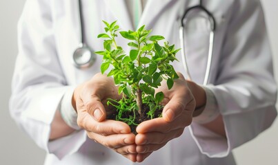 Doctor holding green plant in hands symbolizing natural healing