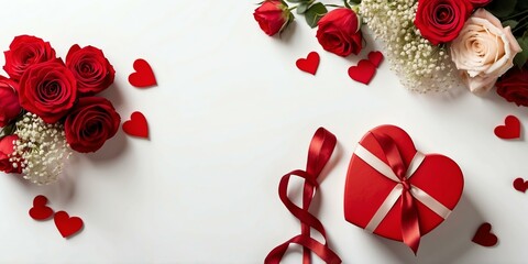 red heartshaped gift box with ribbon and flowers on th background