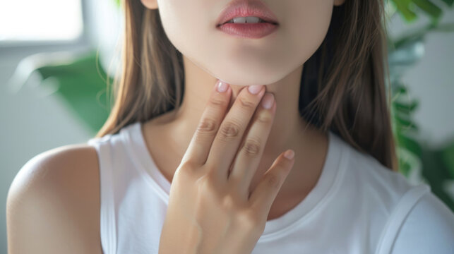 Close up of a woman with her hand on her neck, indicates discomfort and pain in the throat, red aura in touch