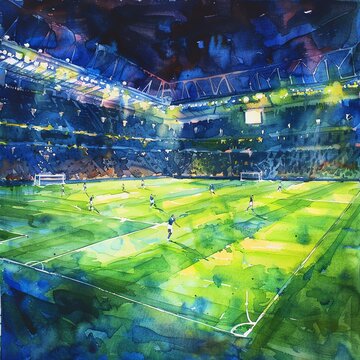 Watercolor soccer at Parc des Princes, vivid greens and blues, stadium lights, intense play, close-up, lively and focused