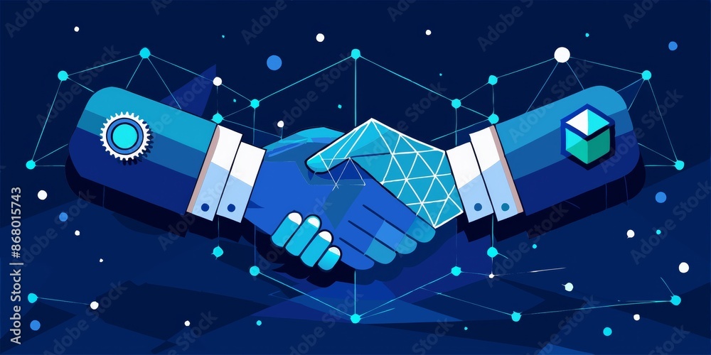Poster A blue and white image of two hands shaking with a cube in the background