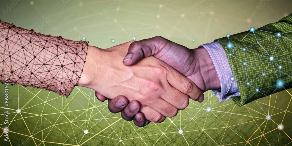 Poster two people shaking hands in front of a green background with a lot of lines
