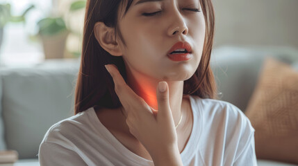 Close up of a woman with her hand on her neck, indicates discomfort and pain in the throat, red aura in touch