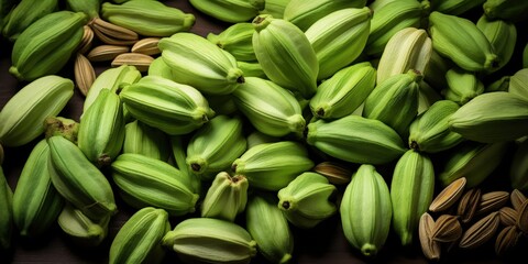 Obraz premium Green Seed Pods on Dark Wooden Background