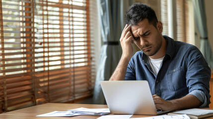 A man is sitting at his desk, holding the side of his head with one hand looking sad or worried about his financial situation