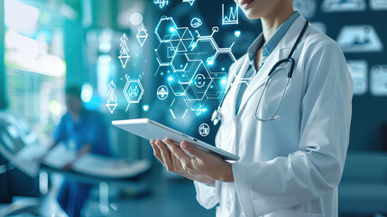 Doctors in the context of medical network connectivity technology, the concept of a digital future and hospital data systems hold small tablets