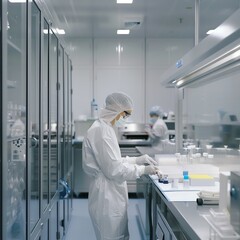 Naklejka premium Lab technician maintaining spotless hygiene with sterilized equipment, clean laboratory with neatly arranged tools, copy space
