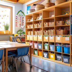 Teacher keeping a tidy classroom with structured organization systems, educational space with orderly materials and clear labels, copy space
